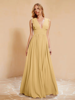 Plunging V-neck Ruffles Pleated Dress With Silt Gold