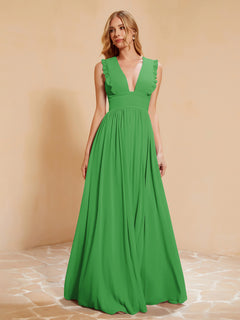 Plunging V-neck Ruffles Pleated Dress With Silt Green