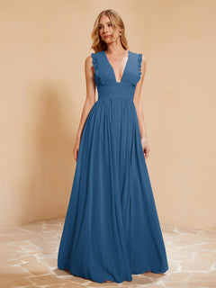 Plunging V-neck Ruffles Pleated Dress With Silt Ink Blue