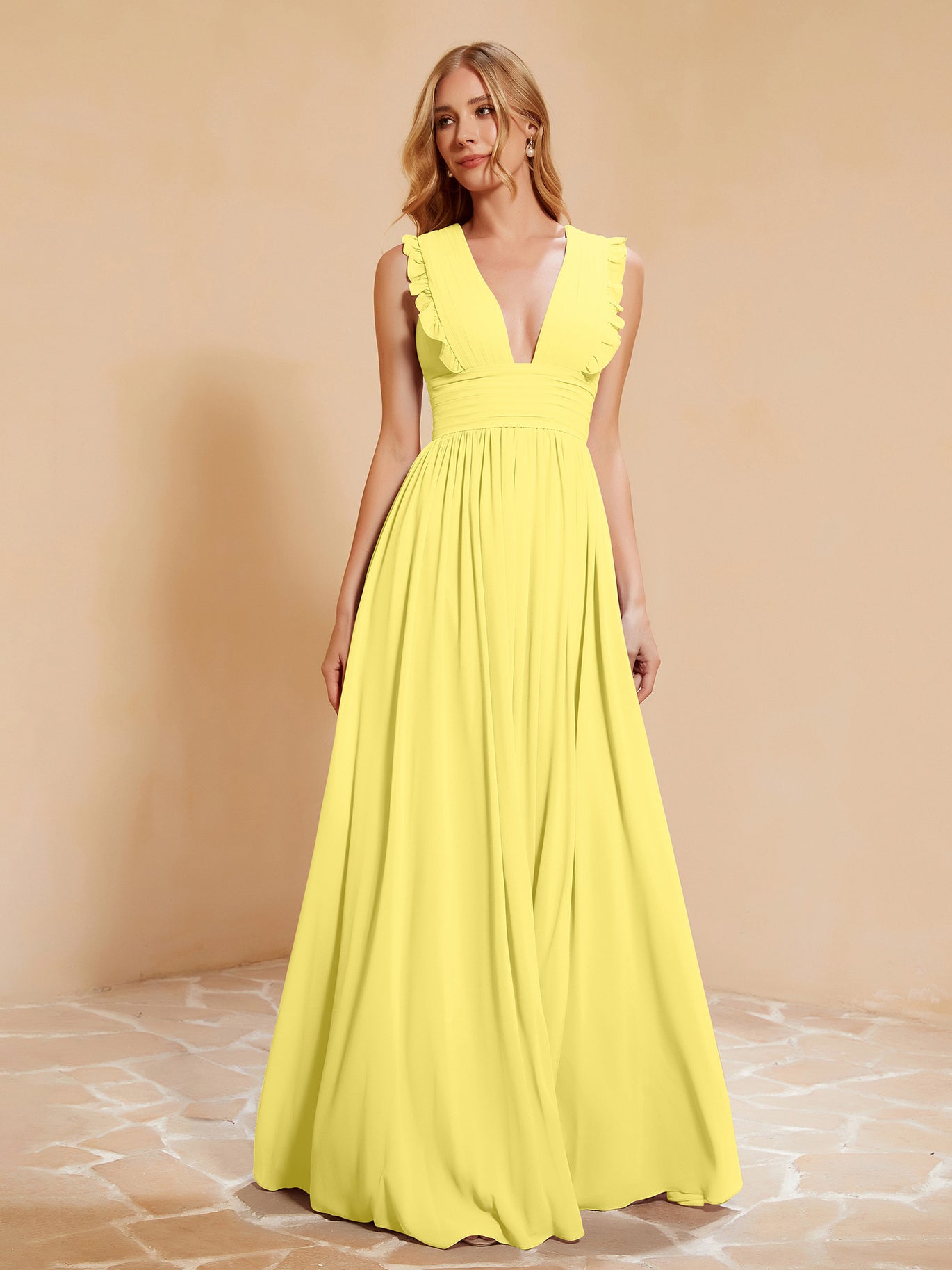 strapless open back dress Wedtrend Women Simple Lemon Yellow Wedding Party Guest Dress with Ruffles A  Line Pleated Chiffon Bridesmaid Dress – WEDTREND main image 0
