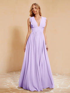 Plunging V-neck Ruffles Pleated Dress With Silt Lilac