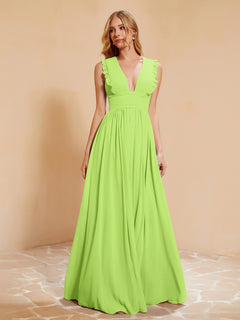 Plunging V-neck Ruffles Pleated Dress With Silt Lime Green