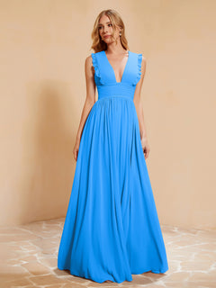 Plunging V-neck Ruffles Pleated Dress With Silt Ocean Blue