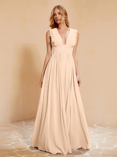 Plunging V-neck Ruffles Pleated Dress With Silt Peach