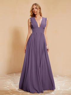 Plunging V-neck Ruffles Pleated Dress With Silt Plum