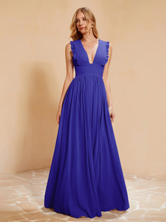 Plunging V-neck Ruffles Pleated Dress With Silt Royal Blue