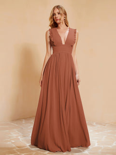 Plunging V-neck Ruffles Pleated Dress With Silt Rust