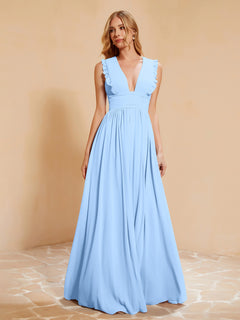 Plunging V-neck Ruffles Pleated Dress With Silt Sky Blue