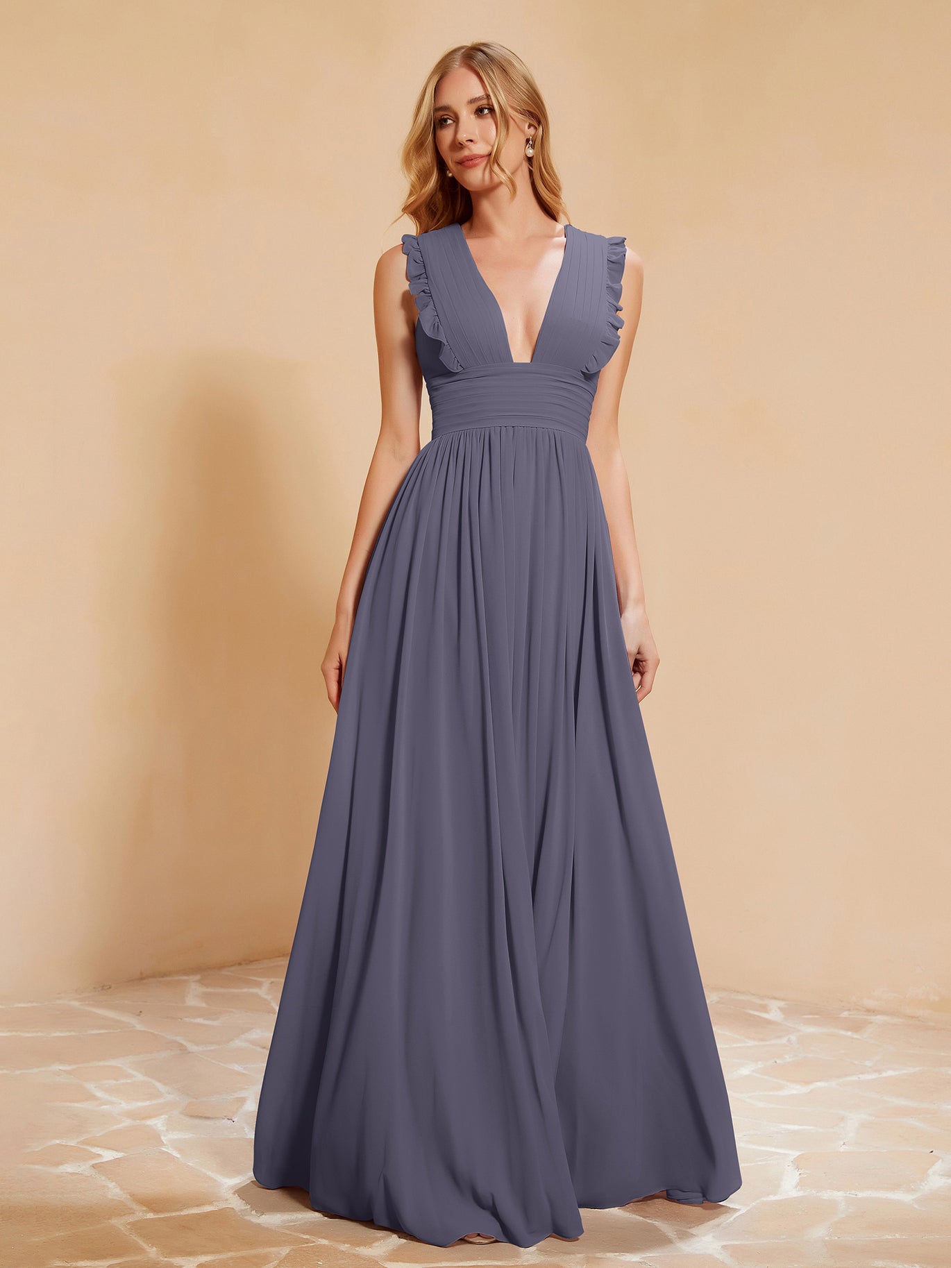 bridesmaid dresses stormy blue Stormy Plus Size Chiffon Lace Bridesmaid Dress V-Neck High Slit Maxi Gown for Wedding Party main image 1
