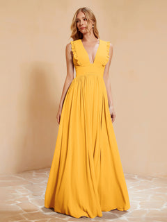 Plunging V-neck Ruffles Pleated Dress With Silt Tangerine