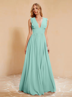 Plunging V-neck Ruffles Pleated Dress With Silt Turquoise