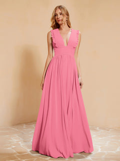 Plunging V-neck Ruffles Pleated Dress With Silt Watermelon