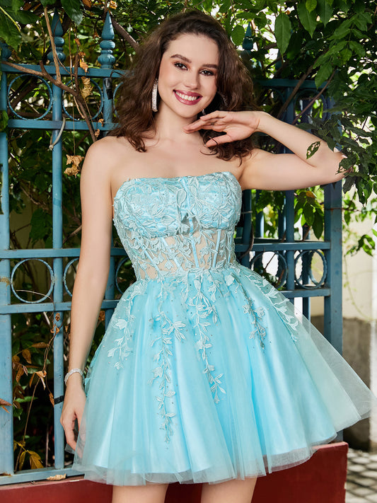 Strapless Transparent Top Pleated Short Dress Sage