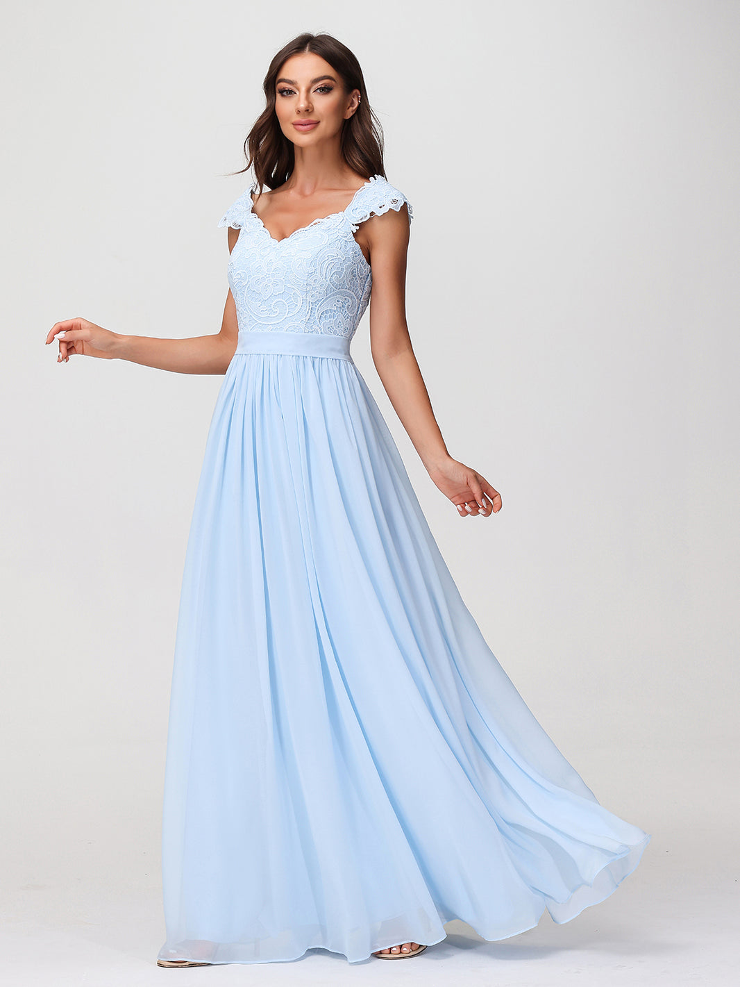 sky blue lace bridesmaid dresses Elegant Lace Ruffled Chiffon Prom Dress Flowy Sky Blue Bridesmaid Dress ARD2728 main image 1
