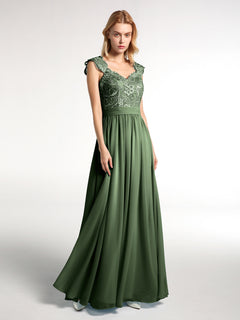 Long Chiffon Dress with Lace Appliqued Bodice-Olive Green Plus Size