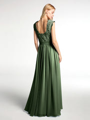 Long Chiffon Dress with Lace Appliqued Bodice-Olive Green Plus Size