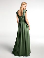 Long Chiffon Dress with Lace Appliqued Bodice-Olive Green