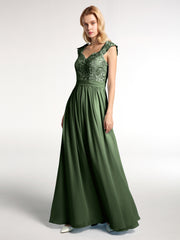 Long Chiffon Dress with Lace Appliqued Bodice-Olive Green