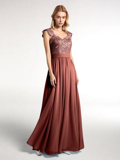 Long Chiffon Dress with Lace Appliqued Bodice-Terracotta