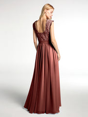 Long Chiffon Dress with Lace Appliqued Bodice-Terracotta Plus Size