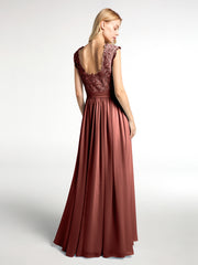 Long Chiffon Dress with Lace Appliqued Bodice-Terracotta