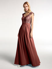 Long Chiffon Dress with Lace Appliqued Bodice-Terracotta