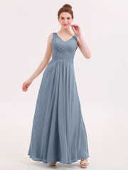 Long Bridesmaid Dresses with Pleated Bodice-Dusty Blue