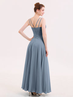 Long Bridesmaid Dresses with Pleated Bodice-Dusty Blue