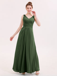 Long Bridesmaid Dresses with Pleated Bodice-Olive Green