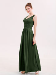 Long Bridesmaid Dresses with Pleated Bodice-Olive Green