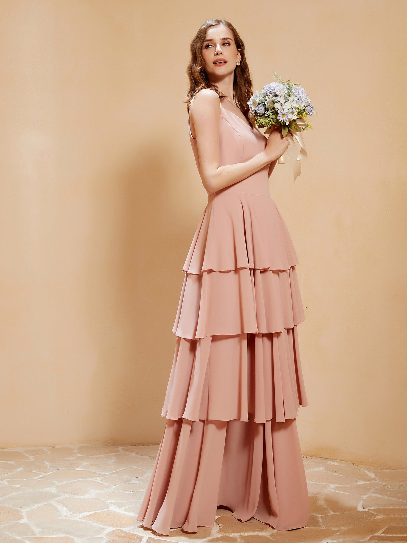 ruffled neckline bridesmaid dress Nude Pink V-neck Ruffled High-low Mermaid Bridesmaid Dress main image 0
