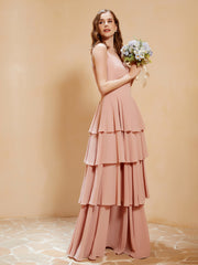 Boho V-neck Floor-length Dress Flowy Ruffles Dusty Rose