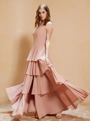 Boho V-neck Floor-length Dress Flowy Ruffles Dusty Rose