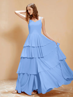Boho V-neck Floor-length Dress Flowy Ruffles Blue