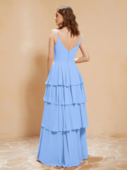 Boho V-neck Floor-length Dress Flowy Ruffles Blue