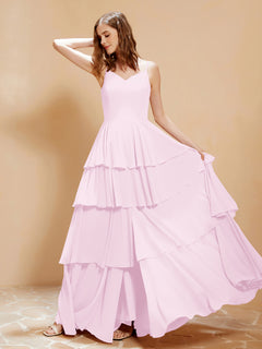 Boho V-neck Floor-length Dress Flowy Ruffles Blushing Pink