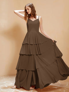 Boho V-neck Floor-length Dress Flowy Ruffles Brown Plus Size