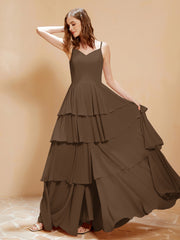 Boho V-neck Floor-length Dress Flowy Ruffles Brown