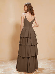 Boho V-neck Floor-length Dress Flowy Ruffles Brown