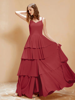 Boho V-neck Floor-length Dress Flowy Ruffles Burgundy