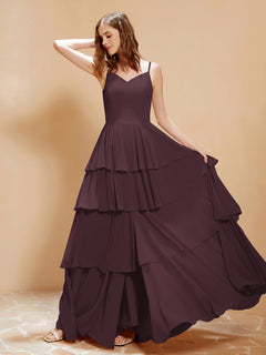 Boho V-neck Floor-length Dress Flowy Ruffles Cabernet