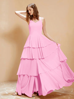 Boho V-neck Floor-length Dress Flowy Ruffles Candy Pink