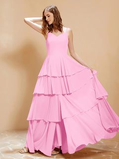 Boho V-neck Floor-length Dress Flowy Ruffles Candy Pink Plus Size