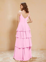Boho V-neck Floor-length Dress Flowy Ruffles Candy Pink