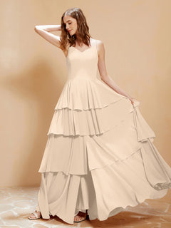 Boho V-neck Floor-length Dress Flowy Ruffles Champagne Plus Size