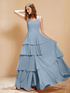 Boho V-neck Floor-length Dress Flowy Ruffles Dusty Blue