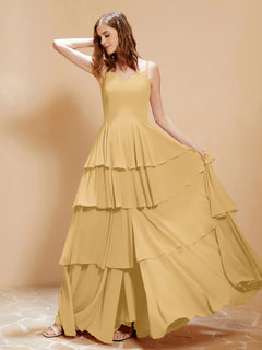Boho V-neck Floor-length Dress Flowy Ruffles Gold
