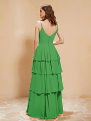 Boho V-neck Floor-length Dress Flowy Ruffles Green