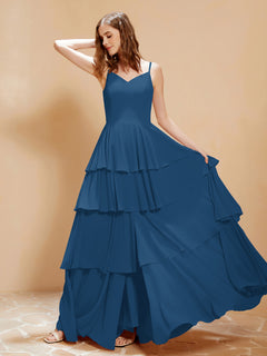 Boho V-neck Floor-length Dress Flowy Ruffles Ink Blue