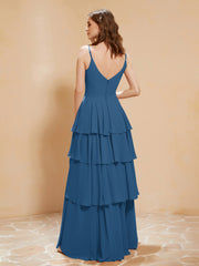 Boho V-neck Floor-length Dress Flowy Ruffles Ink Blue
